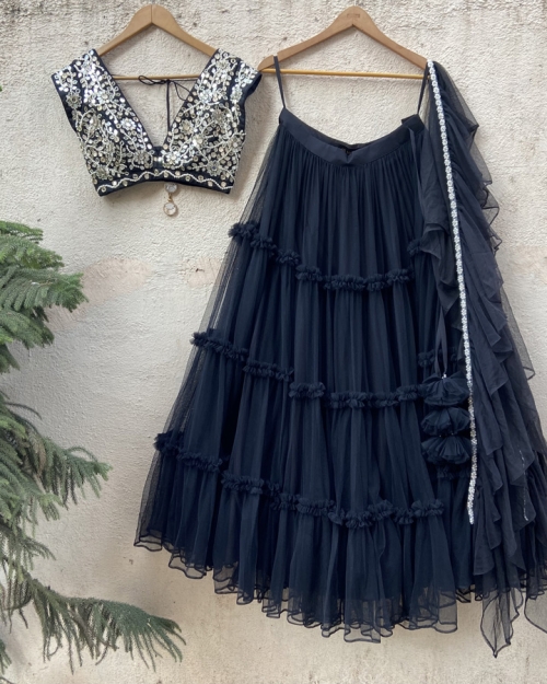 Black Tier Skirt With Black Raw Silk Mirror Work Blouse 20% Off Sale