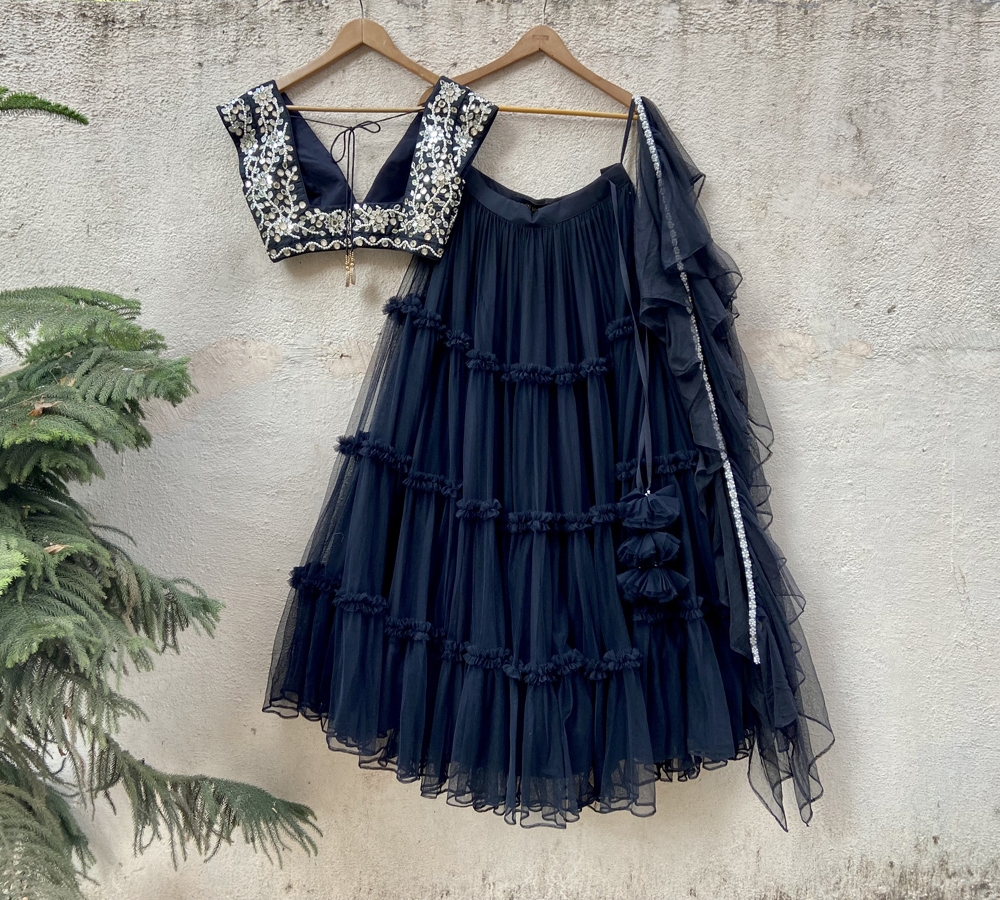 Black Tier Skirt With Black Raw Silk Mirror Work Blouse 20% Off Sale 5