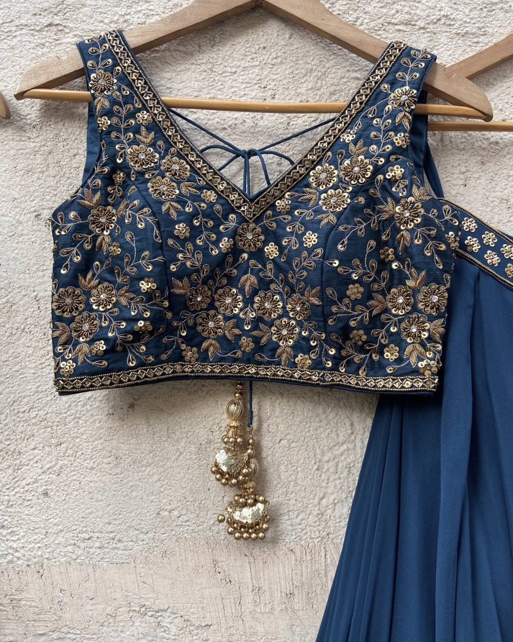 Teal Georgette Pleated Lehenga Set with Embroidered Blouse - Fashion Brand & Designer Priti Sahni 3