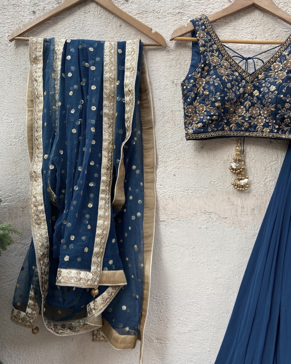 Teal Georgette Pleated Lehenga Set with Embroidered Blouse - Fashion Brand & Designer Priti Sahni 2