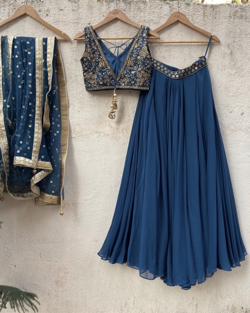 Teal Georgette Pleated Lehenga Set with Embroidered Blouse - Fashion Brand & Designer Priti Sahni