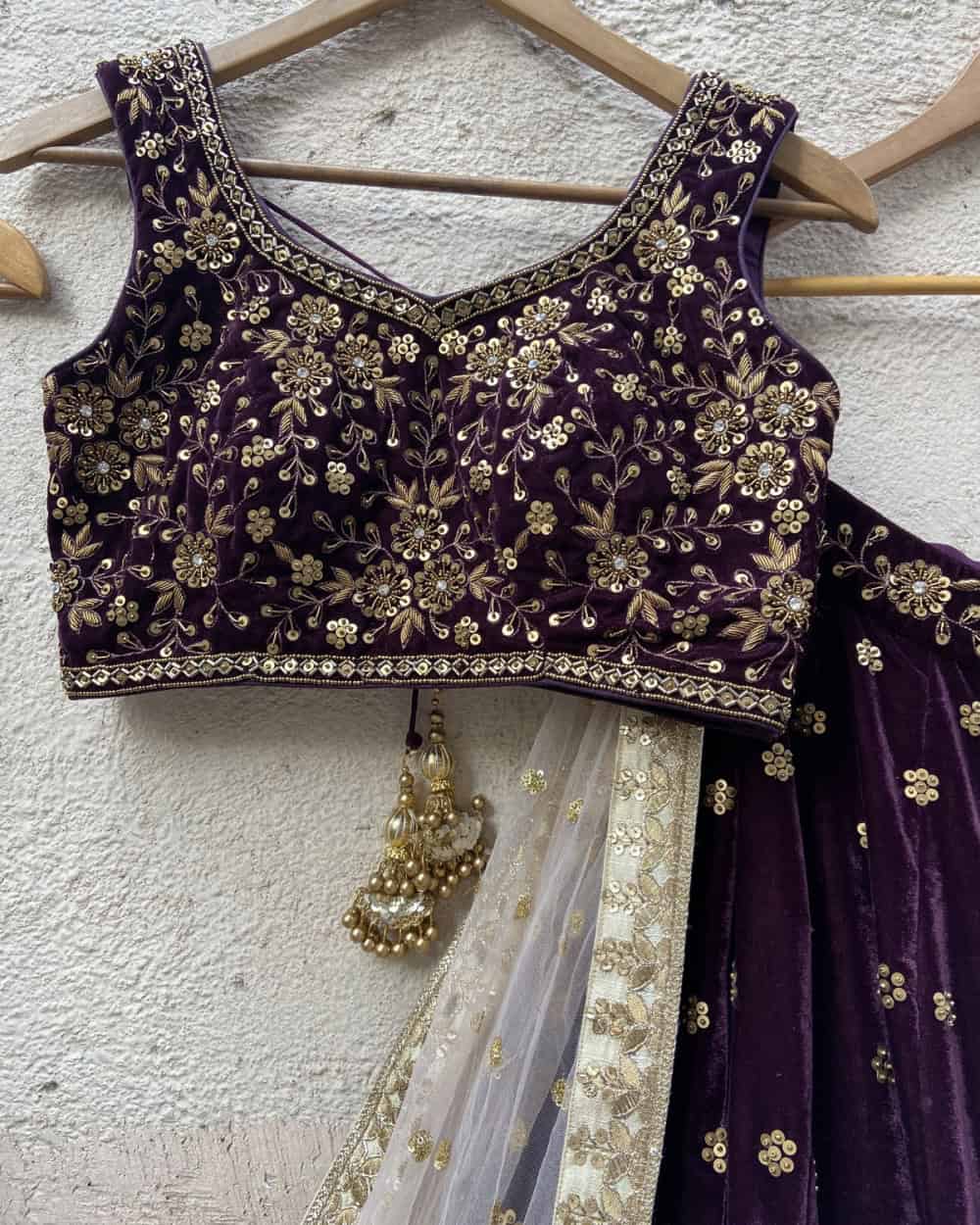 Wine Velvet Embroidered Lehenga Set Bridal Couture 2