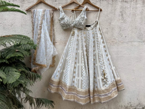 Ivory Multipanel Lehenga Set with Mirror Work Blouse Lehengas