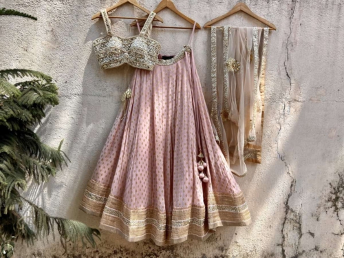 Nude Pink Lehenga Set with Mirror Bustier And Nude Dupatta Lehengas