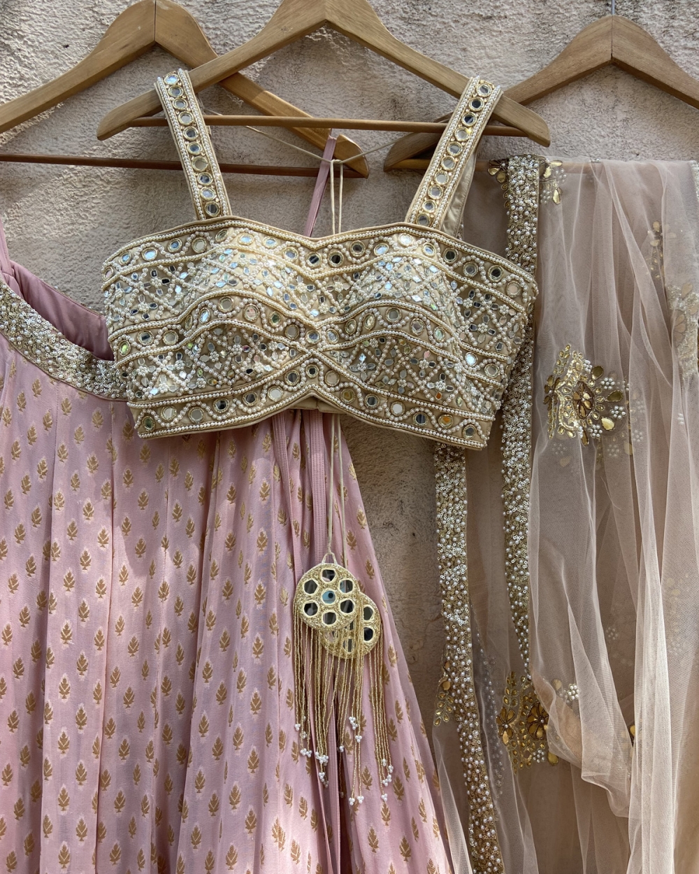 Nude Pink Lehenga Set with Mirror Bustier And Nude Dupatta - Fashion Brand & Designer Priti Sahni 2