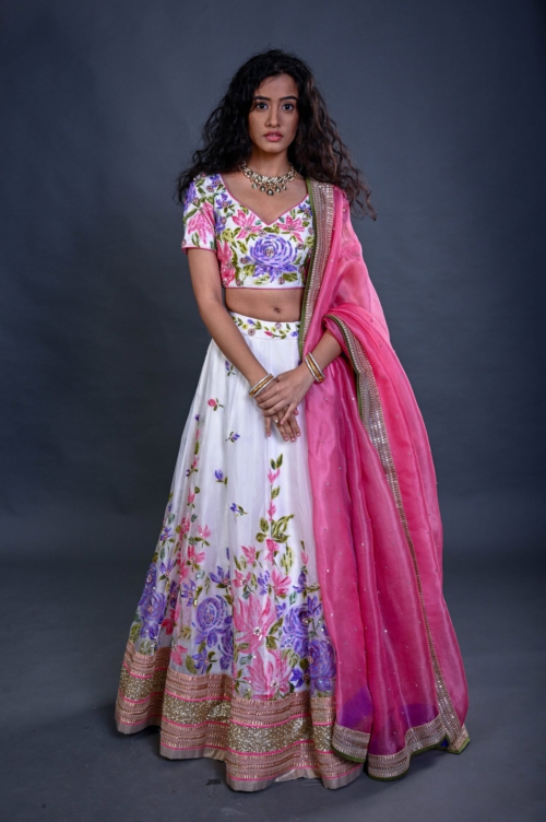 Ivory Organza Hand Painted Bridal Lehenga Set Lehengas