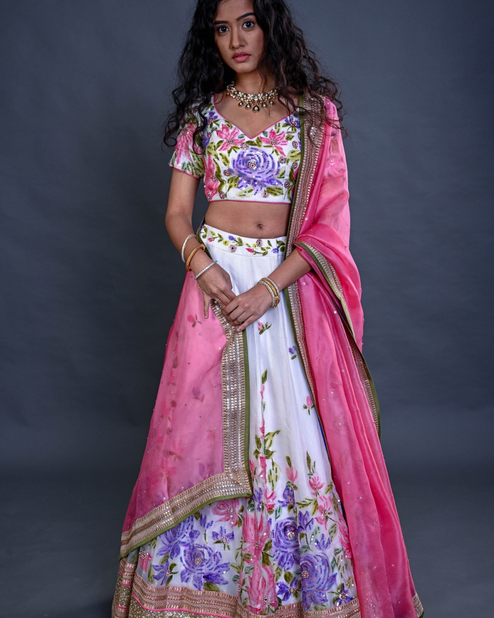 Ivory Organza Hand Painted Bridal Lehenga Set - Fashion Brand & Designer Priti Sahni 4