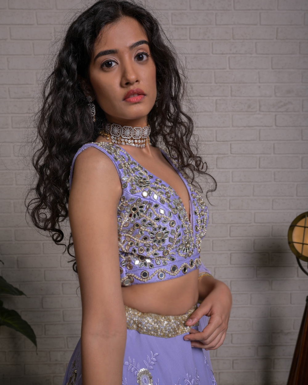 Lavender Mirror Work Blouse and Net Saree - Fashion Brand & Designer Priti Sahni 8