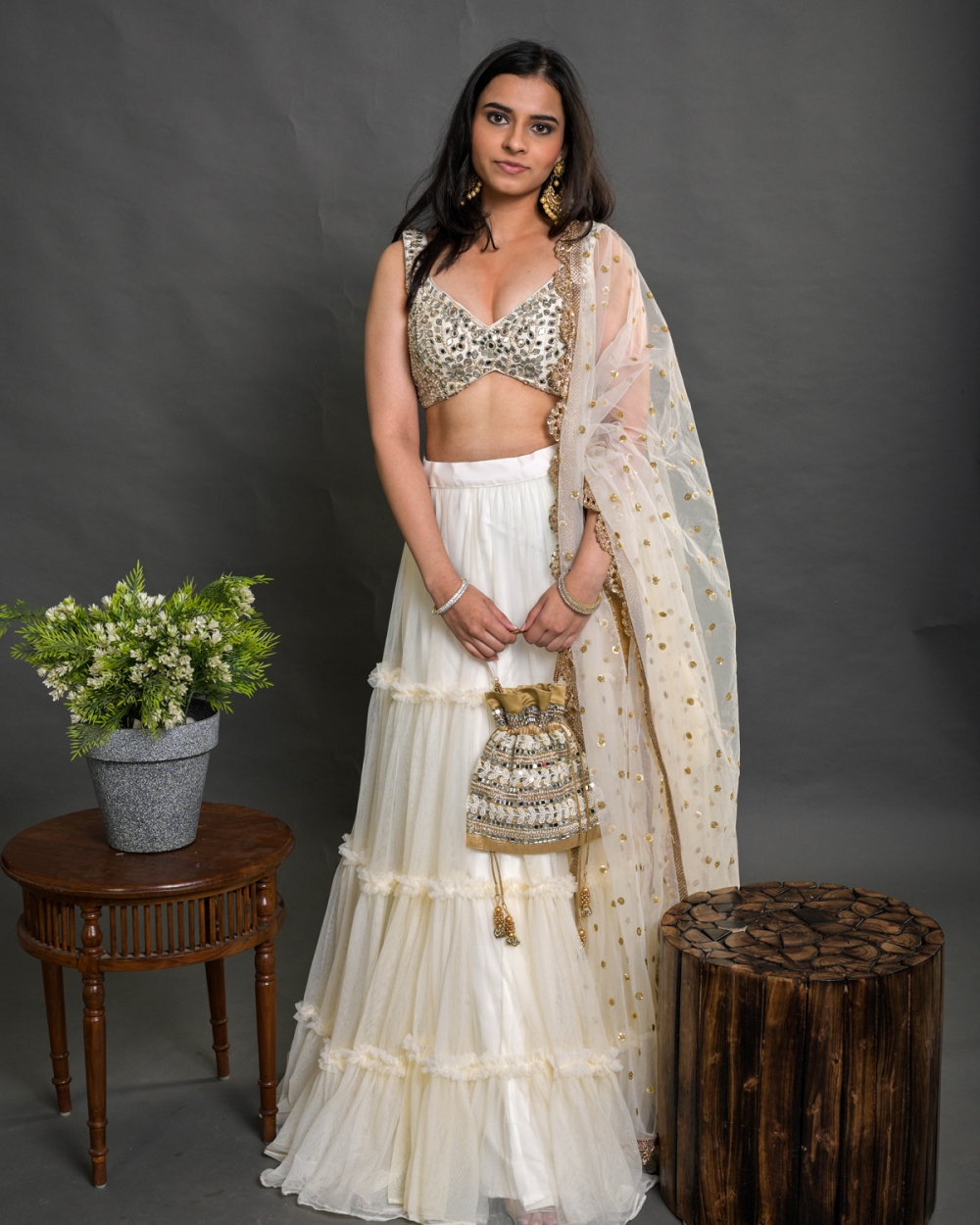 Ivory Tier and Ruffle Lehenga Set with Mirror Work Blouse Bridesmaids