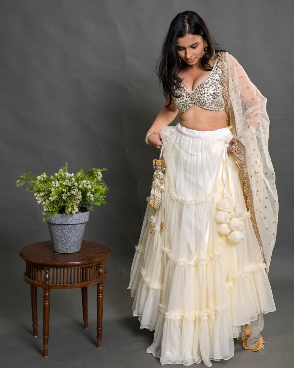 Ivory Tier and Ruffle Lehenga Set with Mirror Work Blouse Bridesmaids 2