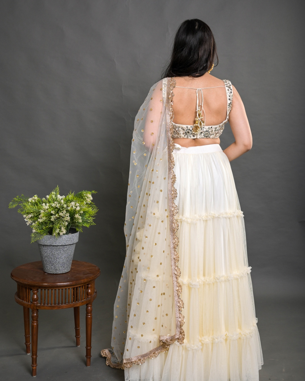 Ivory Tier and Ruffle Lehenga Set with Mirror Work Blouse Bridesmaids 3