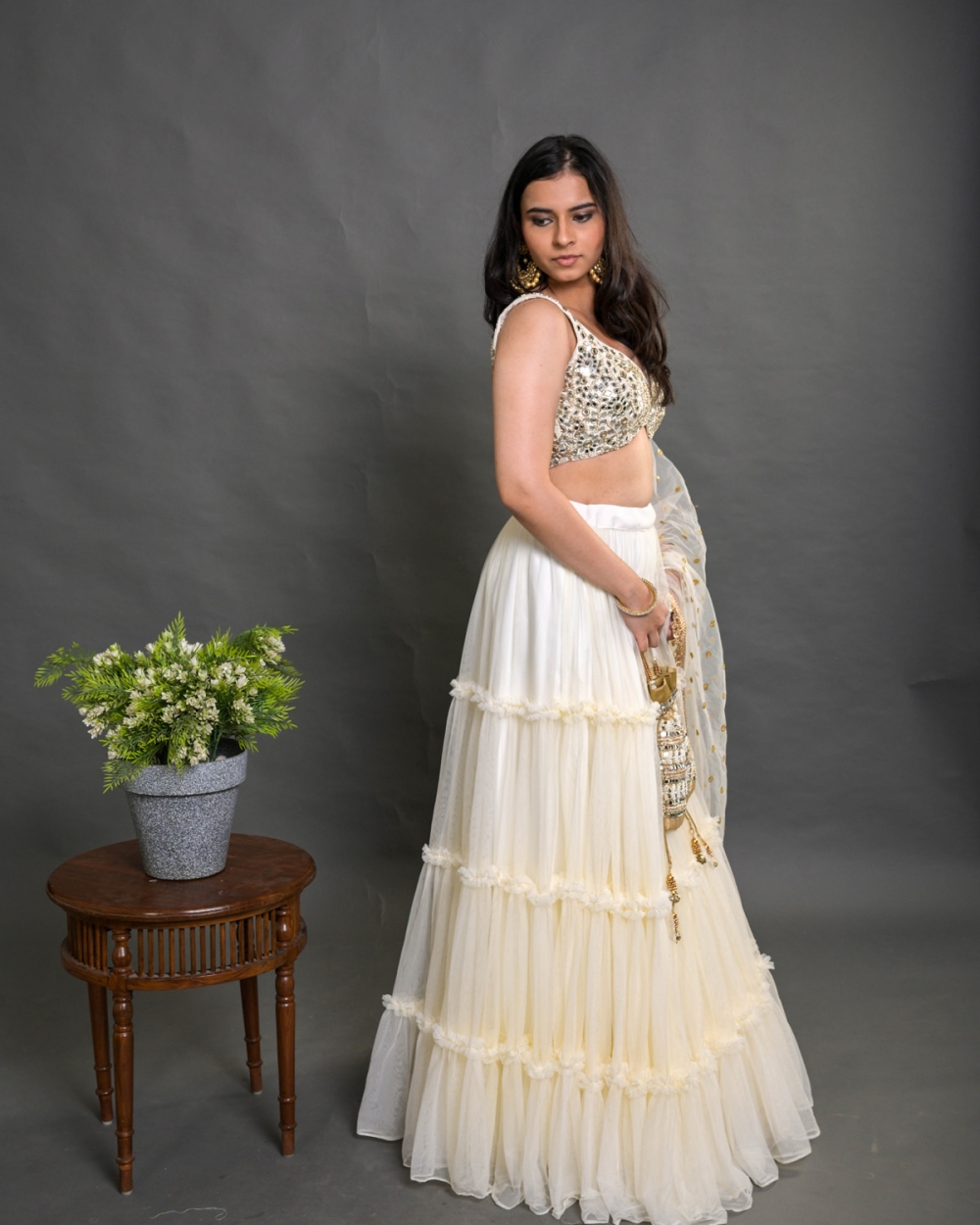 Ivory Tier and Ruffle Lehenga Set with Mirror Work Blouse Bridesmaids 4