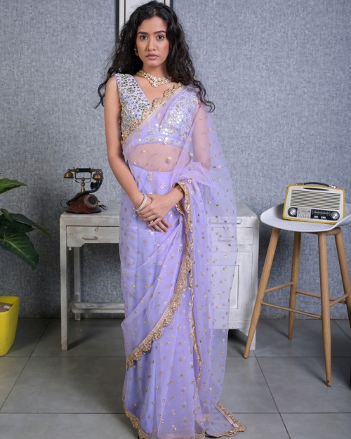 Lavender Mirror Work Blouse and Net Saree - Fashion Brand & Designer Priti Sahni