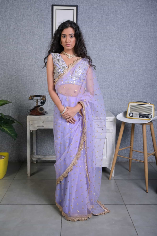 Lavender Mirror Work Blouse and Net Saree Mahru