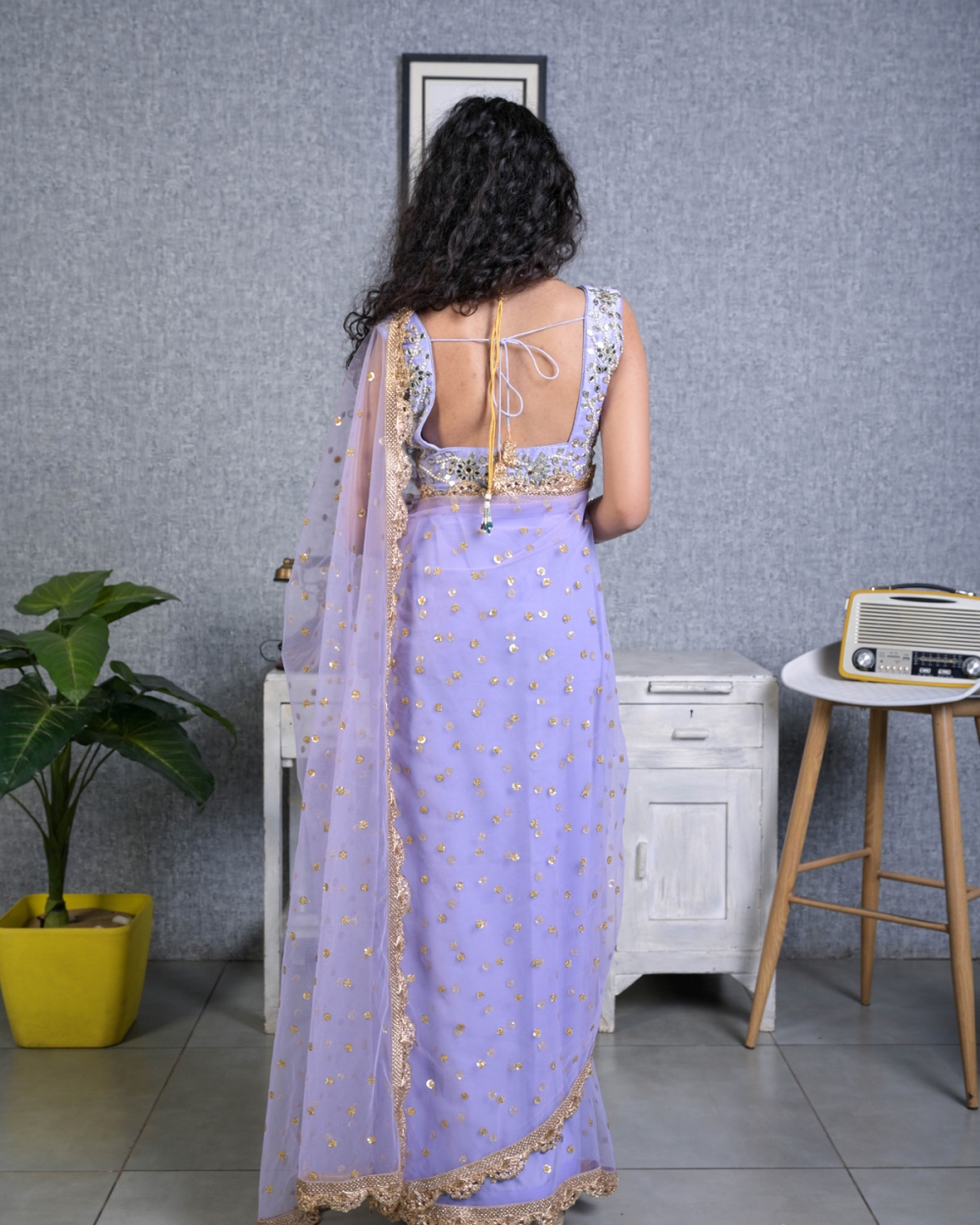 Lavender Mirror Work Blouse and Net Saree - Fashion Brand & Designer Priti Sahni 2