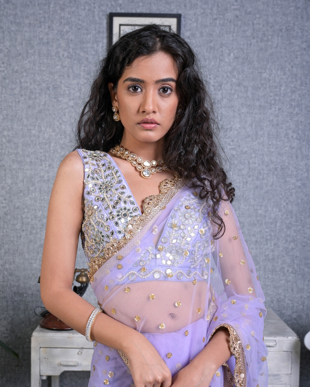 Lavender Mirror Work Blouse and Net Saree - Fashion Brand & Designer Priti Sahni 5