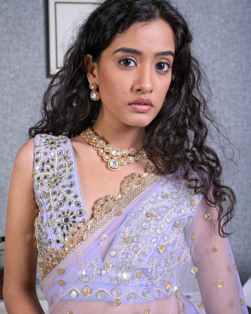 Lavender Mirror Work Blouse and Net Saree - Fashion Brand & Designer Priti Sahni 6