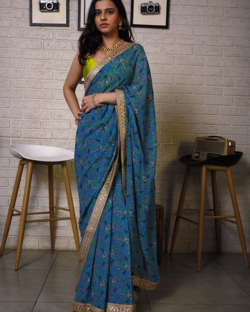 Blue Printed Saree with Olive Bustier Sarees