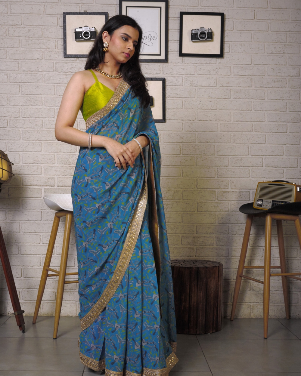 Blue Printed Saree with Olive Bustier - Fashion Brand & Designer Priti Sahni 2