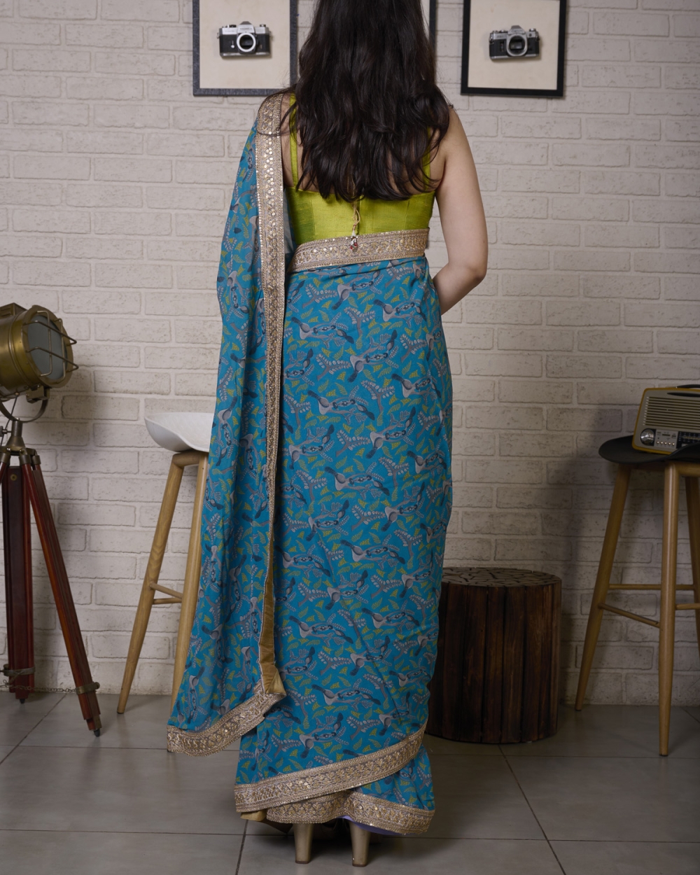 Blue Printed Saree with Olive Bustier - Fashion Brand & Designer Priti Sahni 4