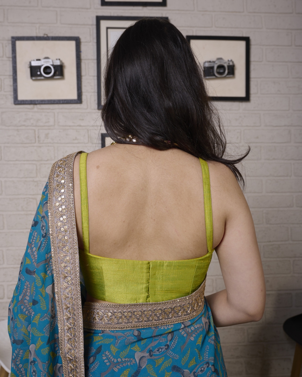 Blue Printed Saree with Olive Bustier - Fashion Brand & Designer Priti Sahni 5