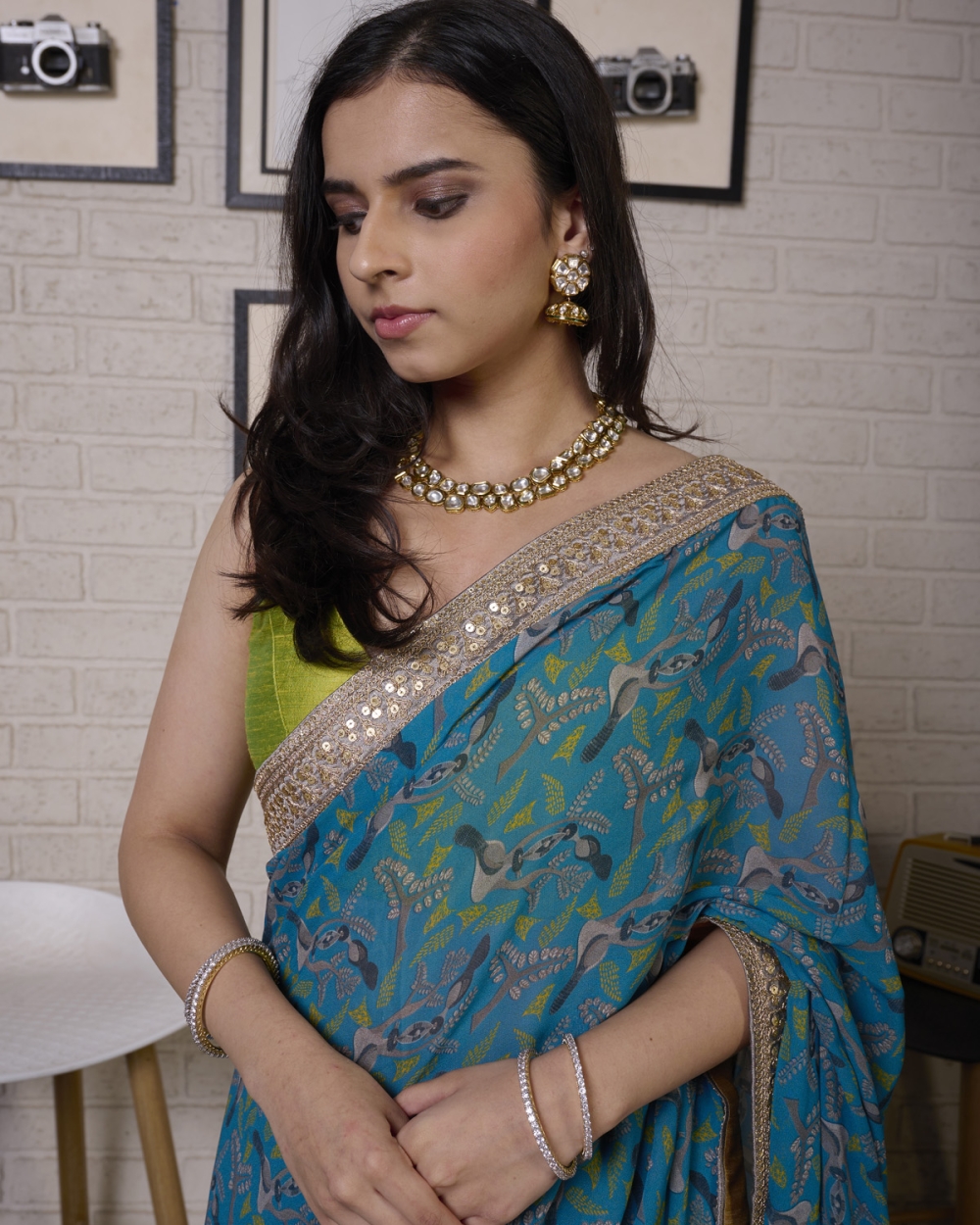 Blue Printed Saree with Olive Bustier - Fashion Brand & Designer Priti Sahni 6