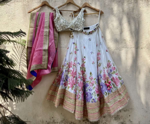 Ivory Hand-painted Organza Lehenga Set with Mirror Work Blouse Lehengas