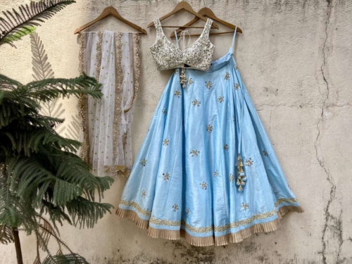 Aqua Blue and Ivory Mirror Work Lehenga Set Lehengas