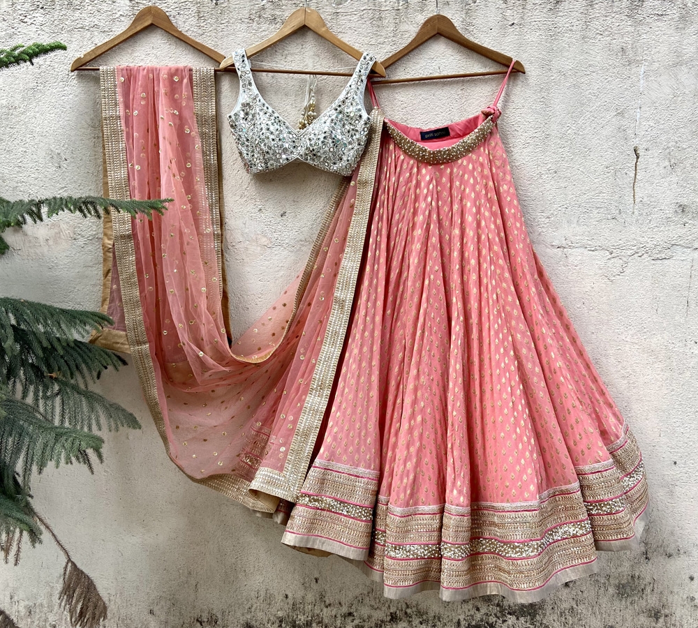 Coral and Ivory Mirror Work Lehenga Set 20% Off Sale