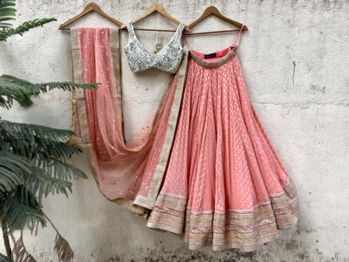 Coral and Ivory Mirror Work Lehenga Set Lehengas