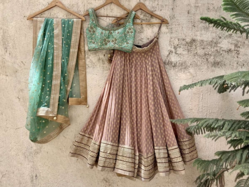 Chestnut Brown and Jade Green Lehenga Set Lehengas