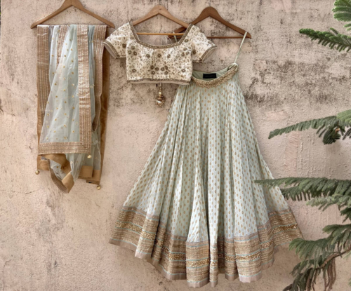 Pastel Mint Green and Ivory Lehenga Set Lehengas