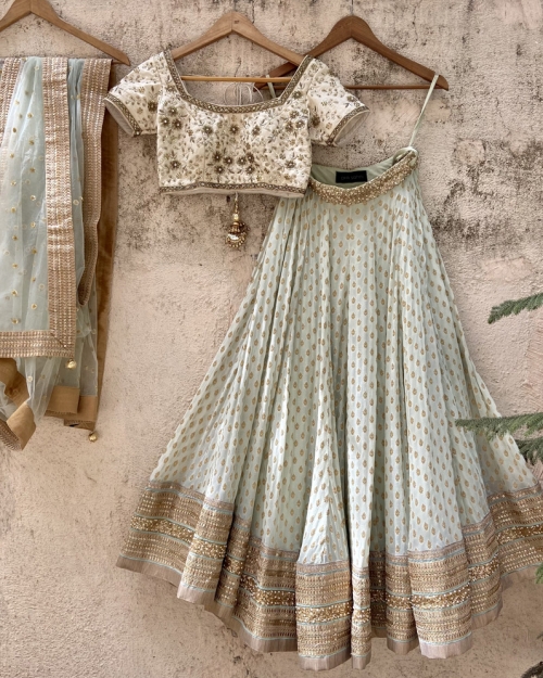 Pastel Mint Green and Ivory Lehenga Set - Fashion Brand & Designer Priti Sahni