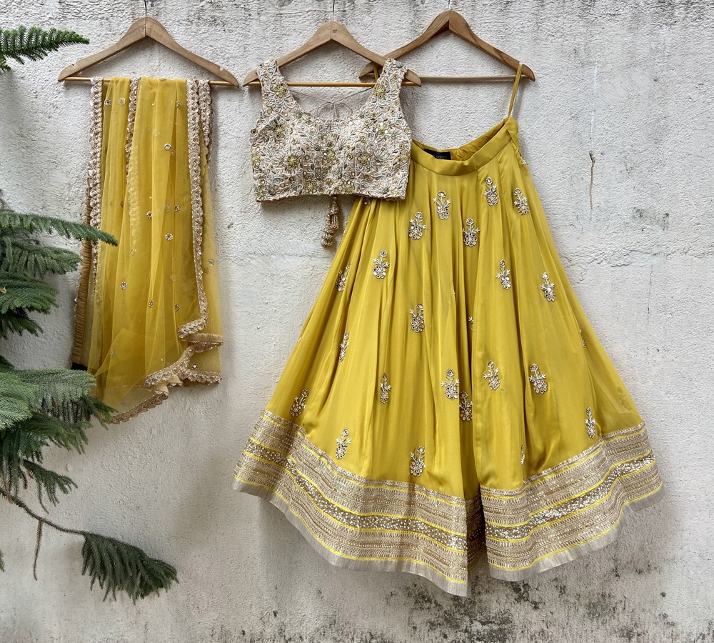 Mustard and Beige Mirror Cutwork Lehenga Set - Fashion Brand & Designer Priti Sahni