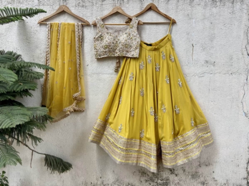 Mustard and Beige Mirror Cutwork Lehenga Set Lehengas