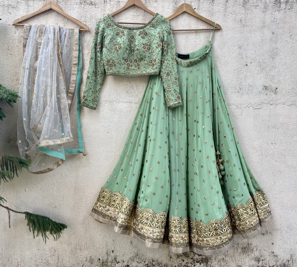 Sage Green Sharmily Lehenga Set Bridal Couture