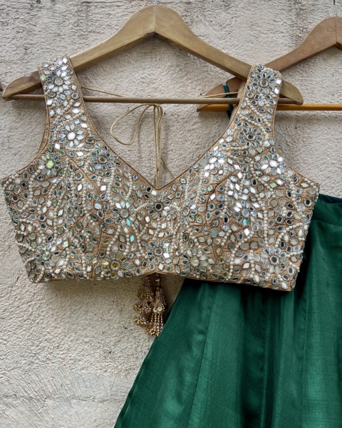 Emerald Green and Nude Mirror Work Lehenga Set - Fashion Brand & Designer Priti Sahni