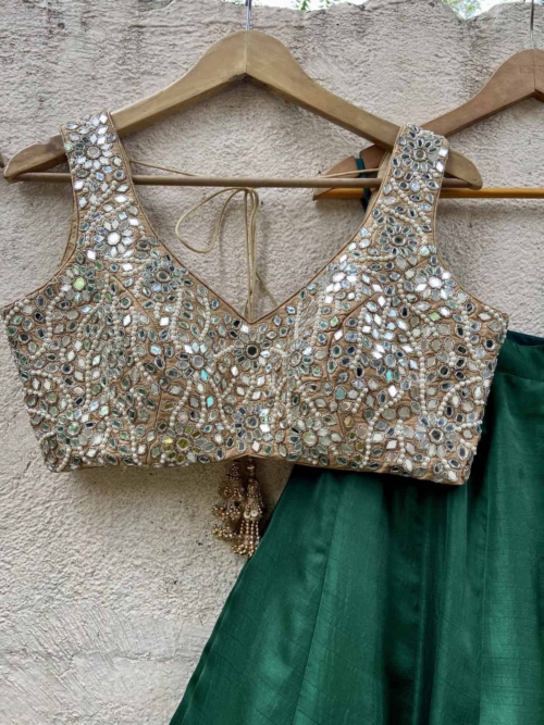 Emerald Green and Nude Mirror Work Lehenga Set Lehengas
