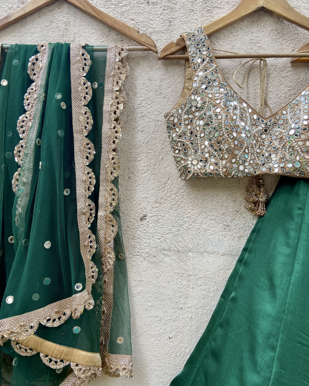 Emerald Green and Nude Mirror Work Lehenga Set 20% Off Sale 2