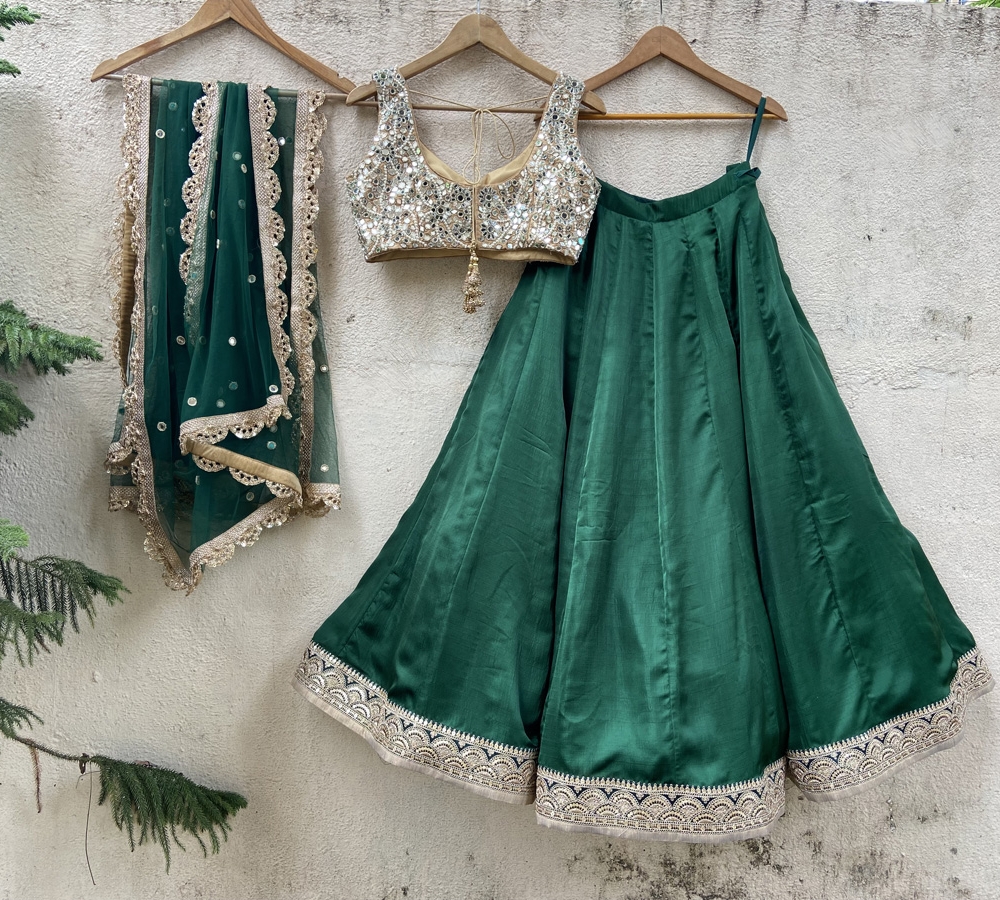 Emerald Green and Nude Mirror Work Lehenga Set 20% Off Sale 6