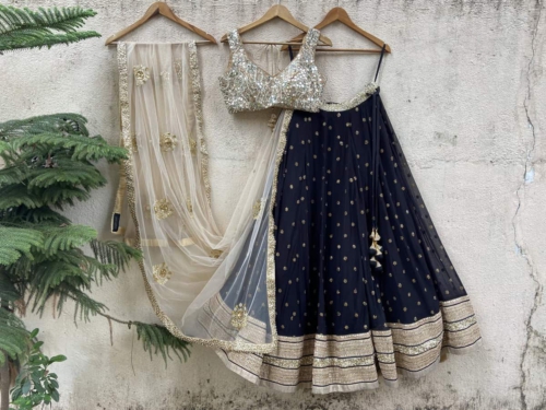 Black and Nude Mirror Work Lehenga Set Lehengas