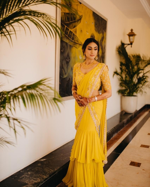 Mustard Ruffled Embroiderd Pre-stitched Saree - Fashion Brand & Designer Priti Sahni