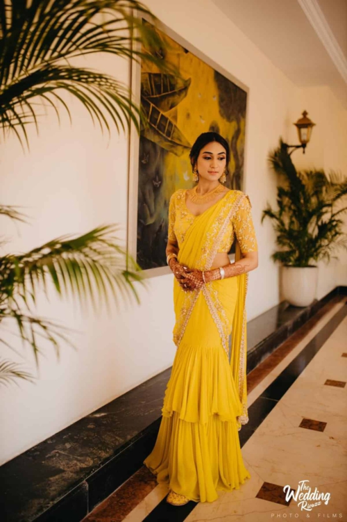 Mustard Ruffled Embroidered Pre-stitched Saree Anniversary Sale