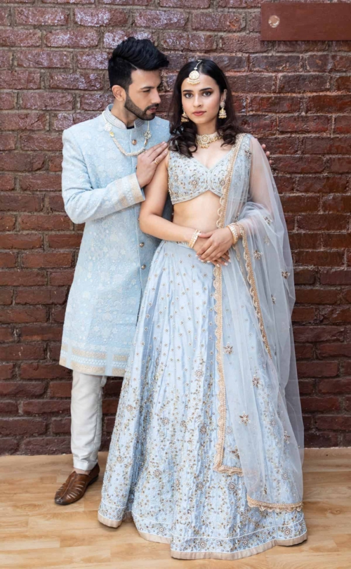 Powder Blue Bridal Embroidered Lehenga Set Lehengas