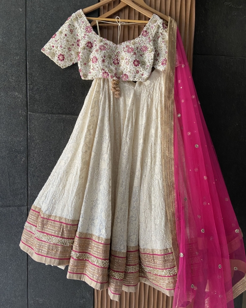 Ivory Thread and Mirror Work Lehenga Set with Fuchsia Accent Bridal Couture