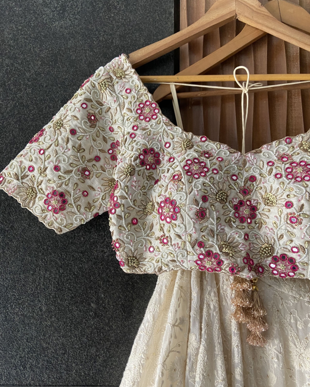 Ivory Thread and Mirror Work Lehenga Set with Fuchsia Accent - Fashion Brand & Designer Priti Sahni 2