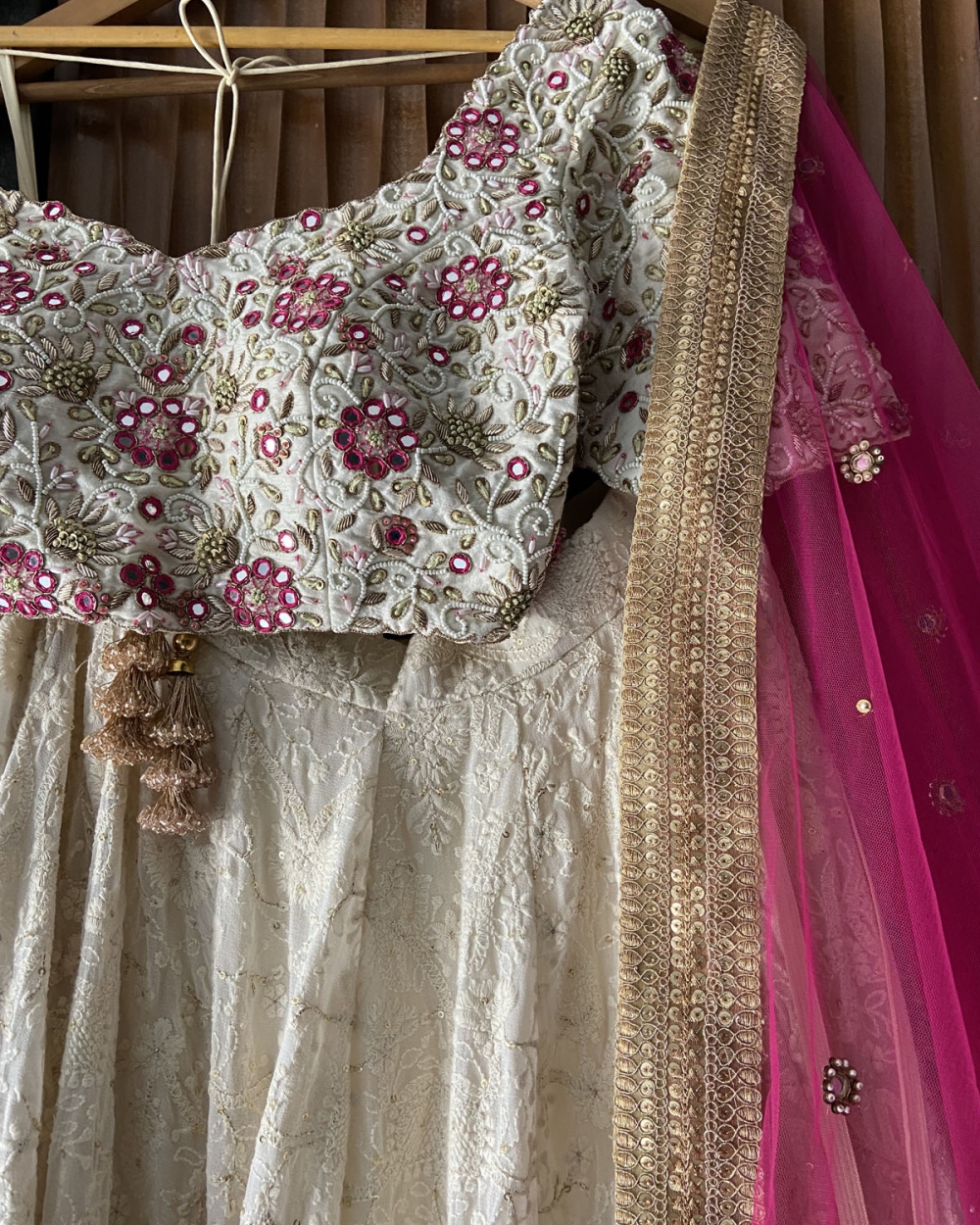 Ivory Thread and Mirror Work Lehenga Set with Fuchsia Accent - Fashion Brand & Designer Priti Sahni 9