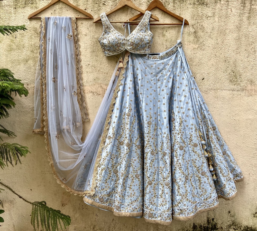 Powder Blue Bridal Embroidered Lehenga Set - Fashion Brand & Designer Priti Sahni