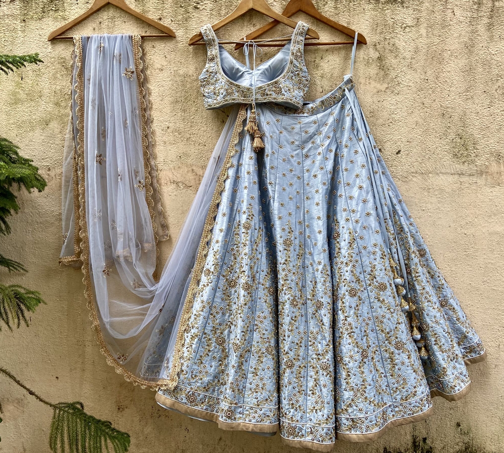 Powder Blue Bridal Embroidered Lehenga Set - Fashion Brand & Designer Priti Sahni 5