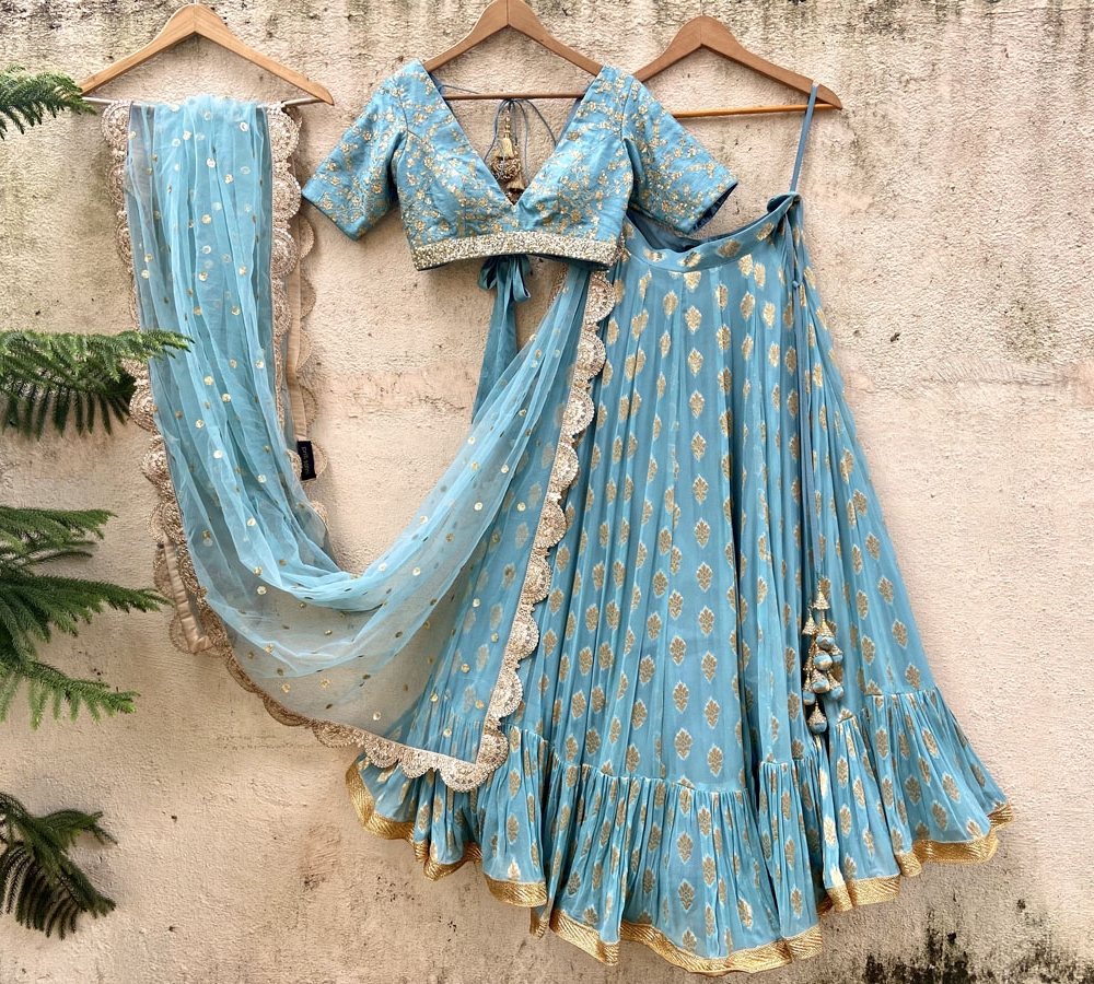 Turkish Blue Ruffle Lehenga Set Bridesmaids